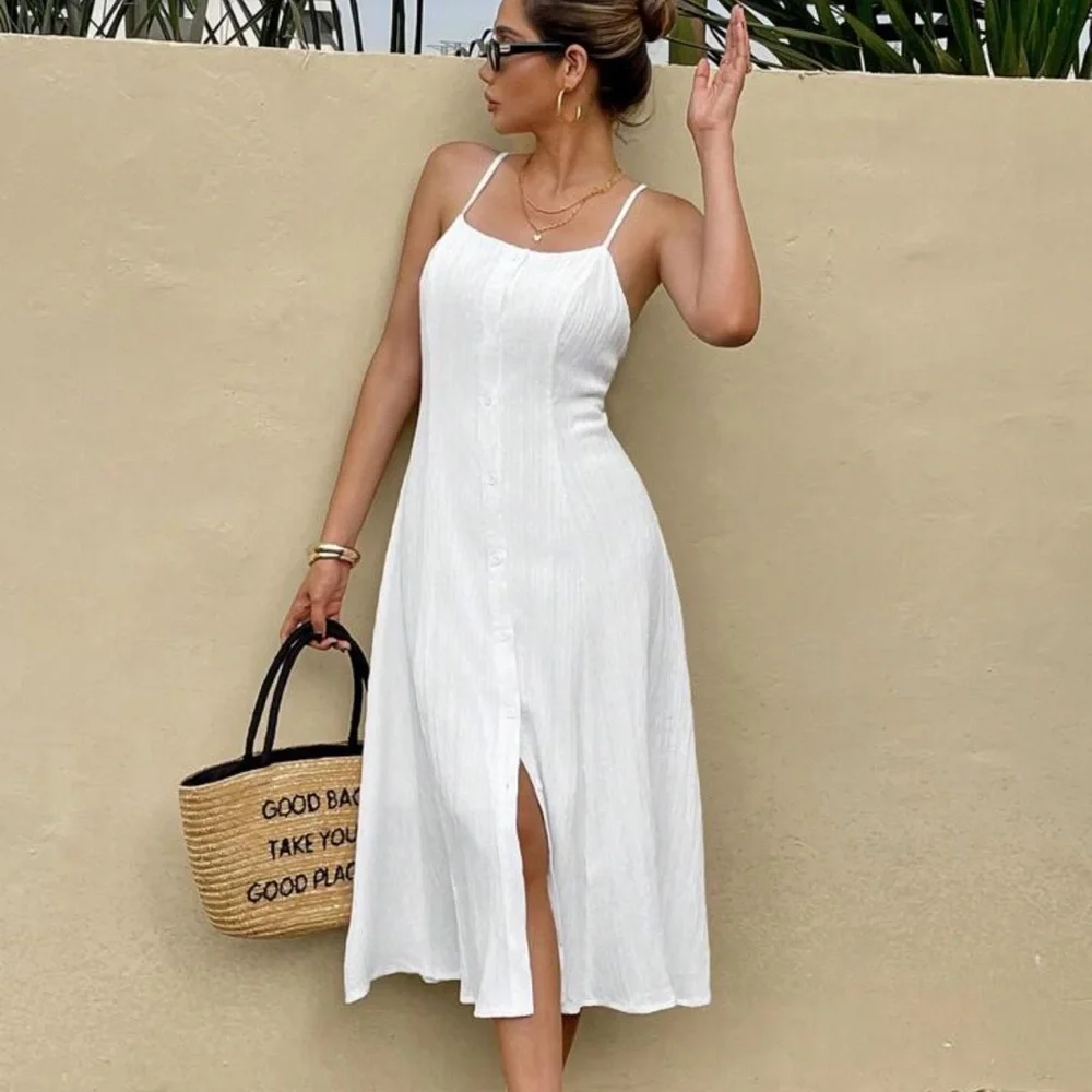 Textured button down front cami midi dress bohemian white prairie dress - Picture 4 of 6